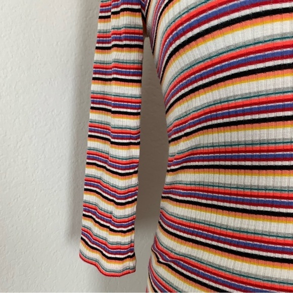 Express One Eleven Striped Ribbed Zip Neck Top 3/4 Sleeves Retro Size XS - Picture 9 of 16